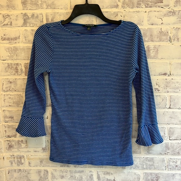 Lauren Ralph Lauren Women’s Blue Stripes 3/4 Flutter Long Sleeve Top Size Medium - Picture 1 of 6